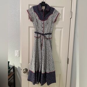Gunne Sax by Jessica Vintage White & Navy cotton belted floral dress size 7